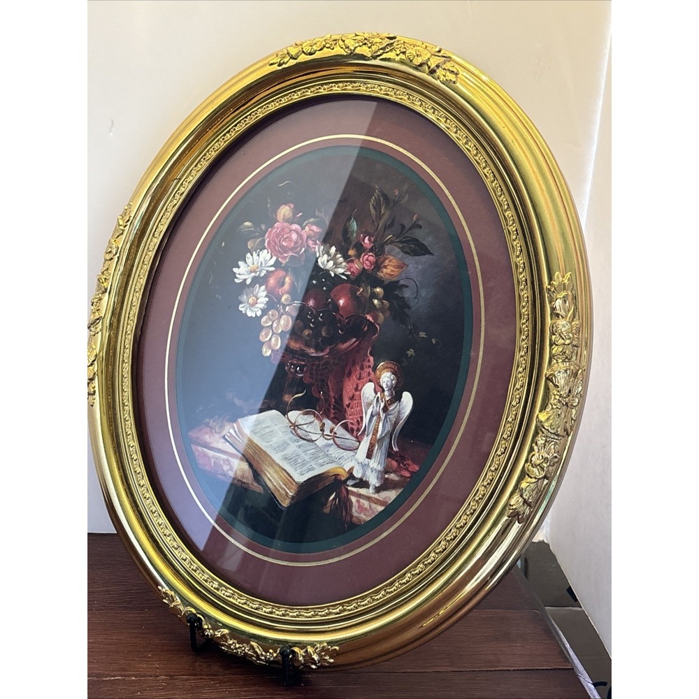 Home Interior & Gifts Vintage Oval Gold Framed Still Life Floral Angel Art 17x15